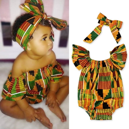 

Girls Bodysuits 0-2Y Toddler Baby African Print Off Shoulder Romper Hair Band Clothes
