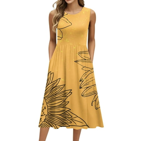 Biziza Casual Dresses for Women Sleeveless 2025 Causal Long Orange Vintage Floral Elegant Dresses Lightweight Cotton Round Neck Stretch Polyester Corset Dress with Pockets