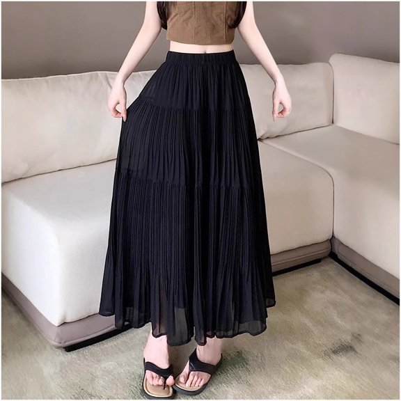 Womens Chiffon Pleated Maxi Skirts Black High Waist A-Line Flowy Elastic Long Skirt Black XL