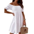 thumbnail image 4 of DYMADE Women Summer Sexy Off-The-Shoulder Solid Puff Short Sleeve Casual Surplice Peplum Dresses, 4 of 4