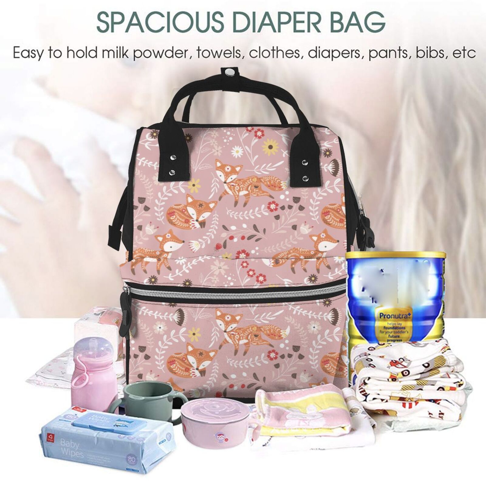 Fuzoiu Beautiful Fox Print Diaper Bag Backpack,Baby Essentials Travel Tote,Multi function Waterproof Diaper Bag, Travel Essentials Baby Bag - Unisex
