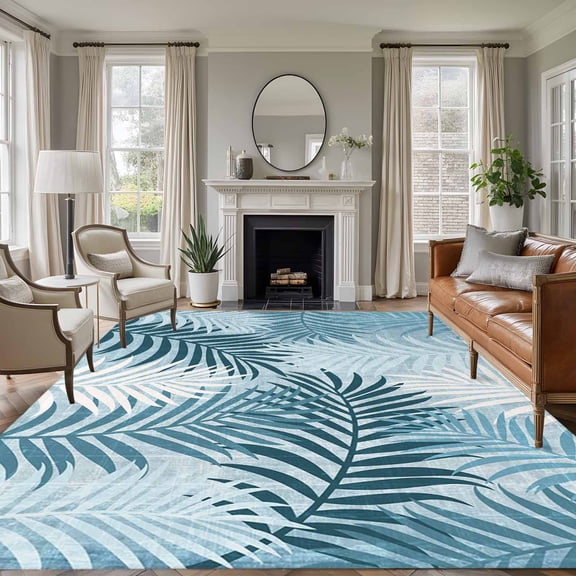 6x9 Area Rugs for Living Room, Blue Teal Palm Leaves Washable Runner Rug for Office, Family Room, Summer Botanical Tropical Leaf Non Slip Area Rugs Low Pile Carpet for Home Decor