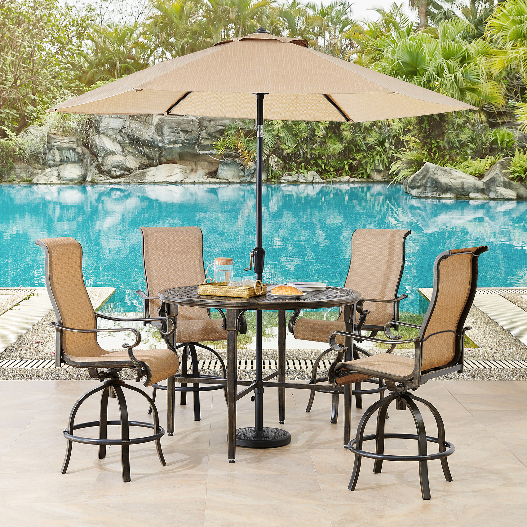 Hanover Brigantine 5-Piece Modern Outdoor High-Dining Set with Umbrella | 4 Countoured Counter-Height Swivel Chairs | 50'' Round Cast-Top Table | Weather, Rust, UV Resistant | Tan/Bronze | BRIGDN5PCBR - image 3 of 11