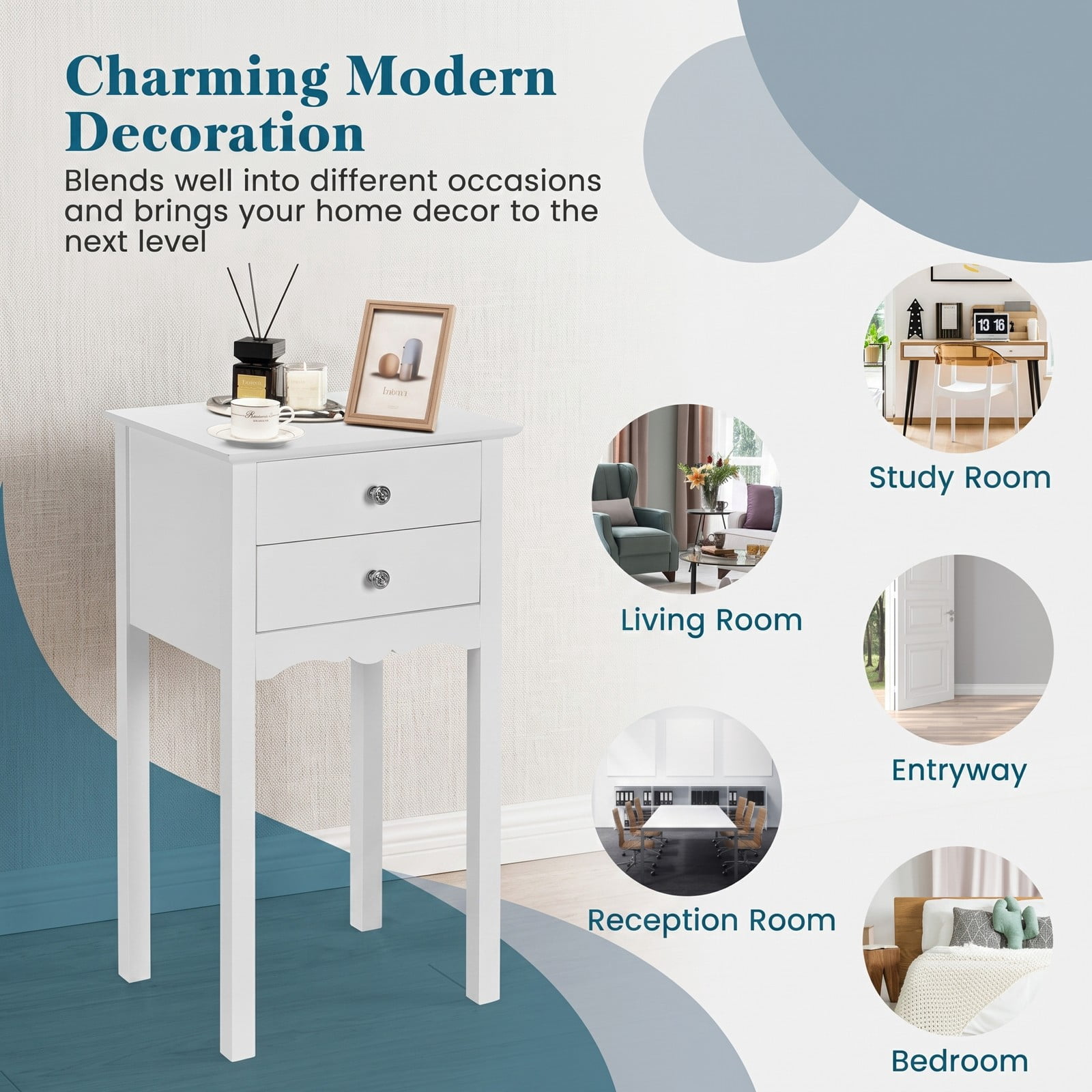 Furnibear 2-Drawer Side Table, Modern MDF End Accent Table with Vintage Metal Handles, High Gloss Nightstand Bedside Storage Table for Living Room Bedroom Dorm, White