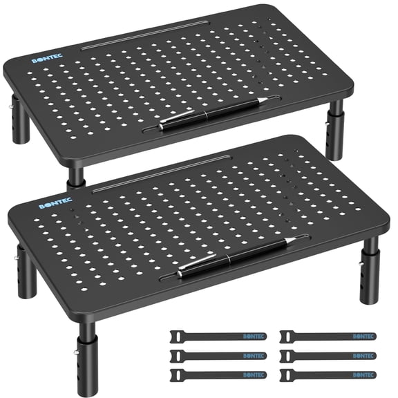 BONTEC 2PCS Monitor Stand Riser with 3 Height Adjustable with Pen Holder, Cable Management and Mesh Platform for Laptop, Computer, Printer (Black, 2 Pack )