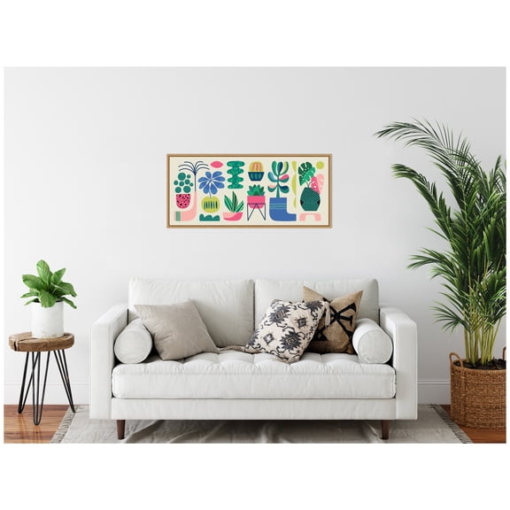 Kate and Laurel Retro Bright Floral and Succulent Panel Framed Canvas Wall Art  by Rachel Lee 40 x 18 Sylvie Natural, Mid Century Modern, Abstract, Flowers Art for Wall Decor, Living Room Bedroom