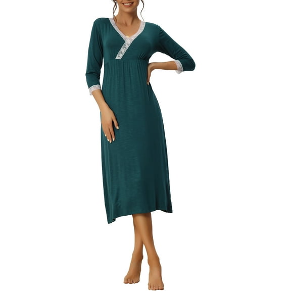 Unique Bargains Womens Sleepwear Soft Lace Trim V Neck Rayon Nightshirt Midi Nightgowns M Peacock Green