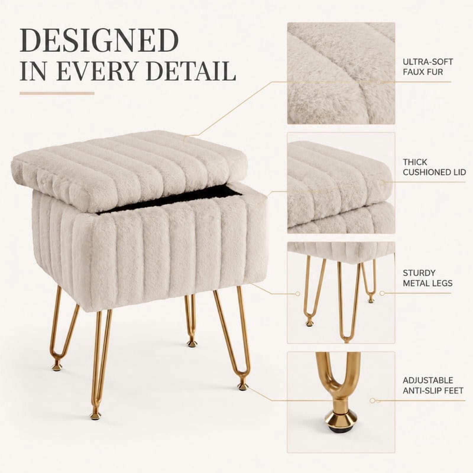 BEAUTYPEAK Vanity Stool with Storage Faux Fur Padded Makeup Ottoman with Gold Metal Legs and Adjustable Feet 18.9" Footstool, Camel