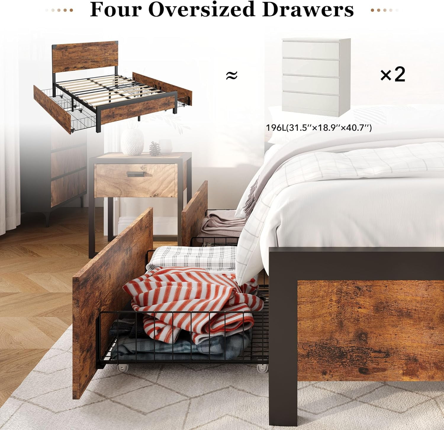 Full Bed Frame with Wooden Headboard: Spacious Platform Design with Under-Bed Storage and Metal Legs, Noise-Free Operation, No Box Spring Required, Assembly - Rustic Brown Finish