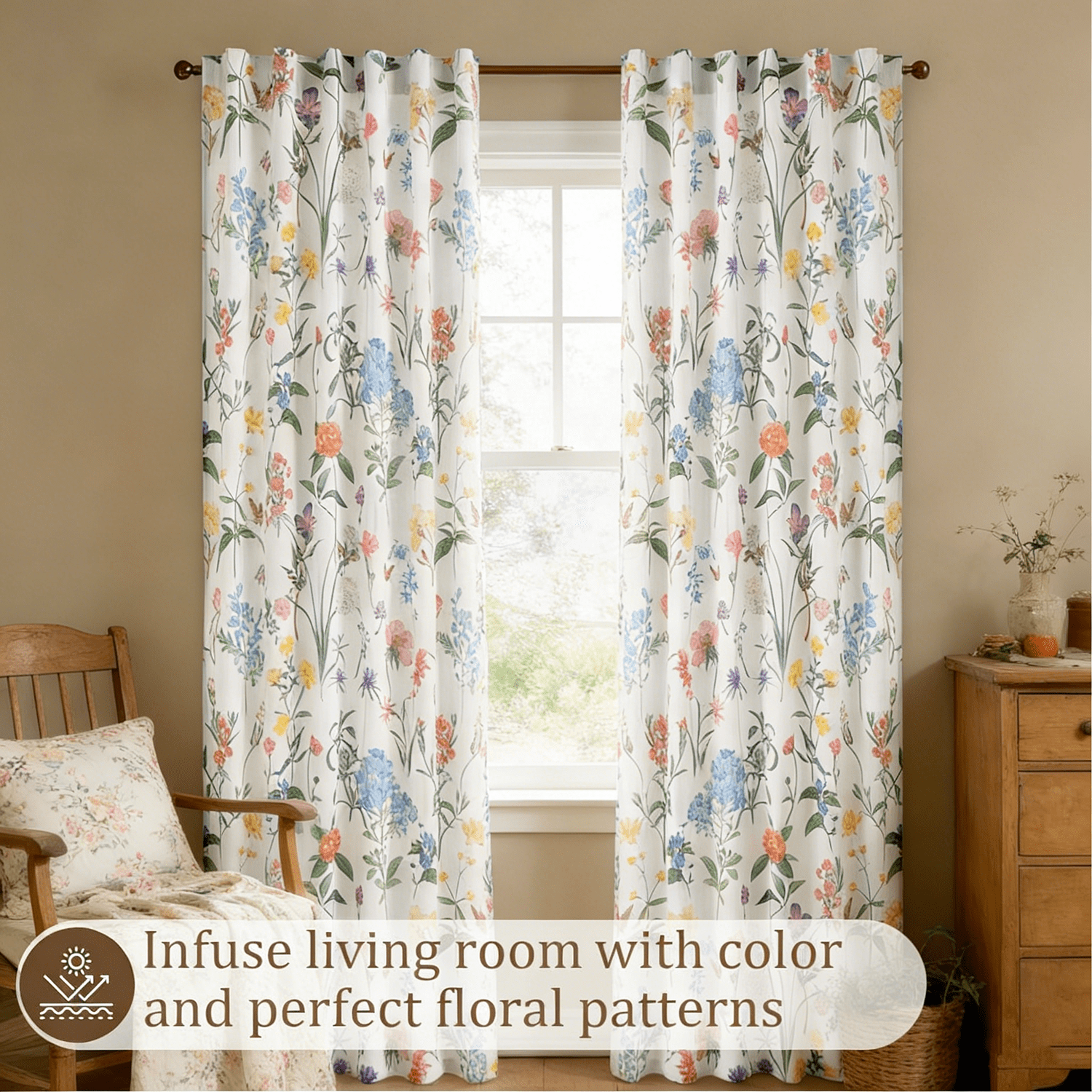 Invoibler Farmhouse Floral Semi Sheer Light Filtering Curtains, Cotton Blend Window Drapes for Living Room Bedroom, 52" W x 84" L, Set of 2