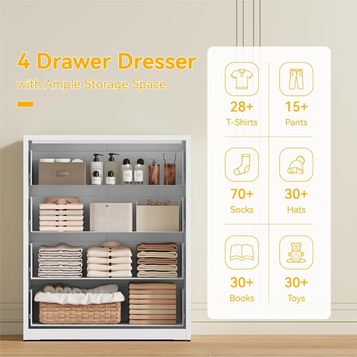 Elegant Metal 4-Drawer Dresser for Bedroom, Clothes Storaeg Drawer Chest for Closet, Farmhouse Dressers & Chests of Drawer with 4 Large Drawers,White
