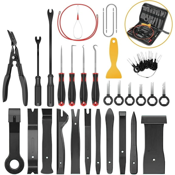 GOOACC 40Pcs Trim Removal Tool,Auto Terminal Removal Key Tool,Auto Clip Pliers Stereo Removal Tools,Car Upholstery Repair Removal Kit,Precision Hook and Pick Set,Wiring Threader,Car Film Scrape-Black