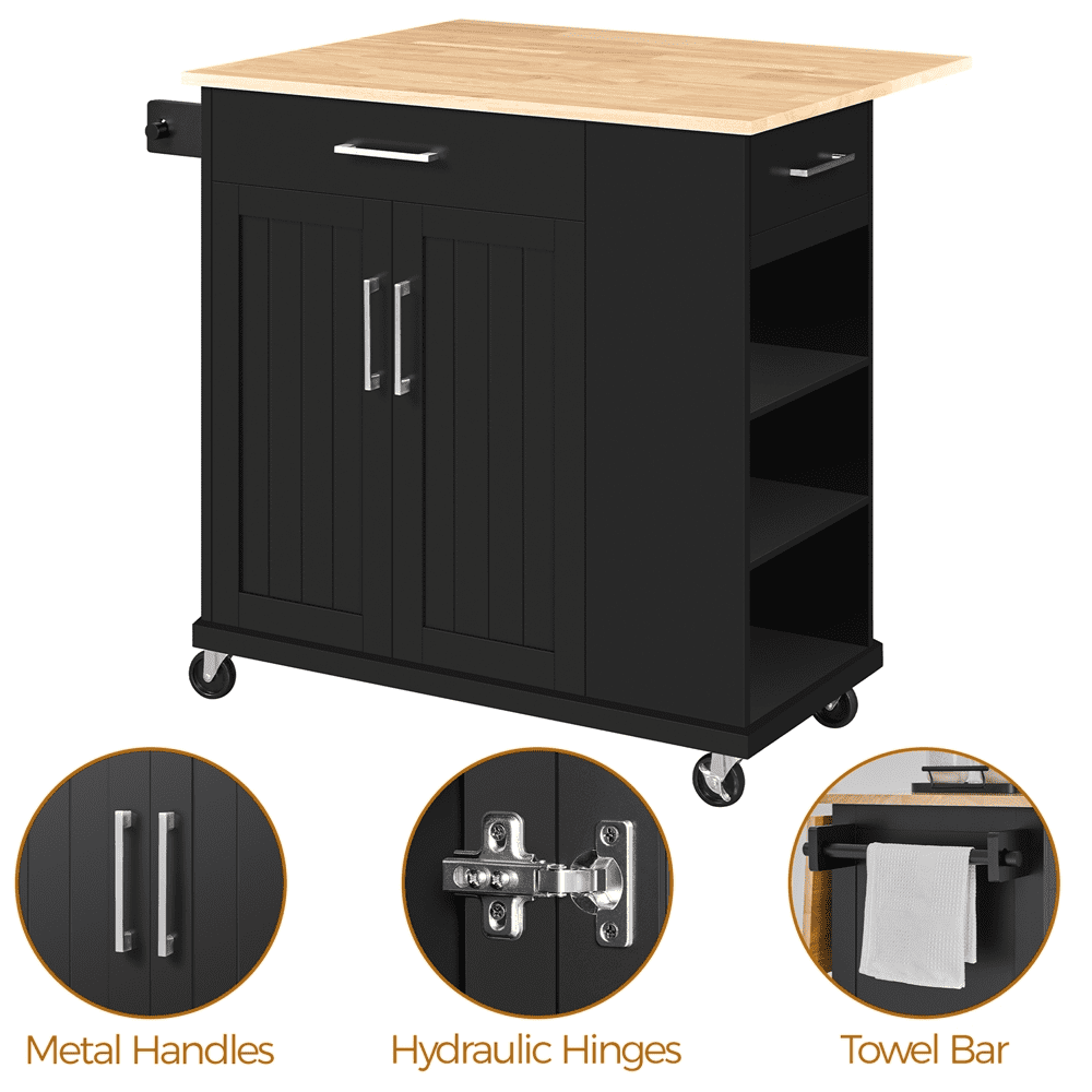 Alden Design Kitchen Island Cart with Solid Wood Top and Storage, Black
