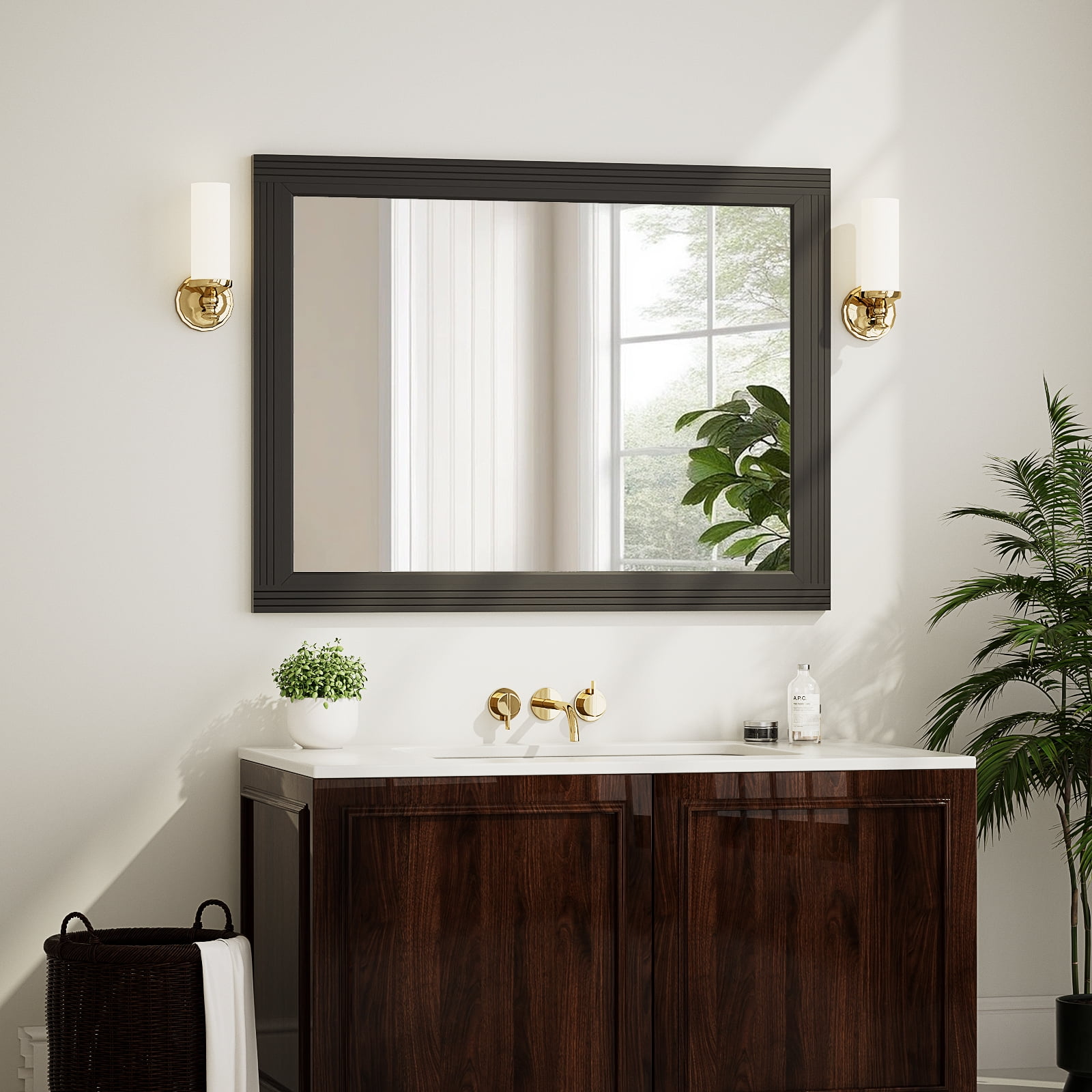 Anyrose 40.2"x30" Rectangular Wooden Framed Vanity Bathroom Mirror, Black