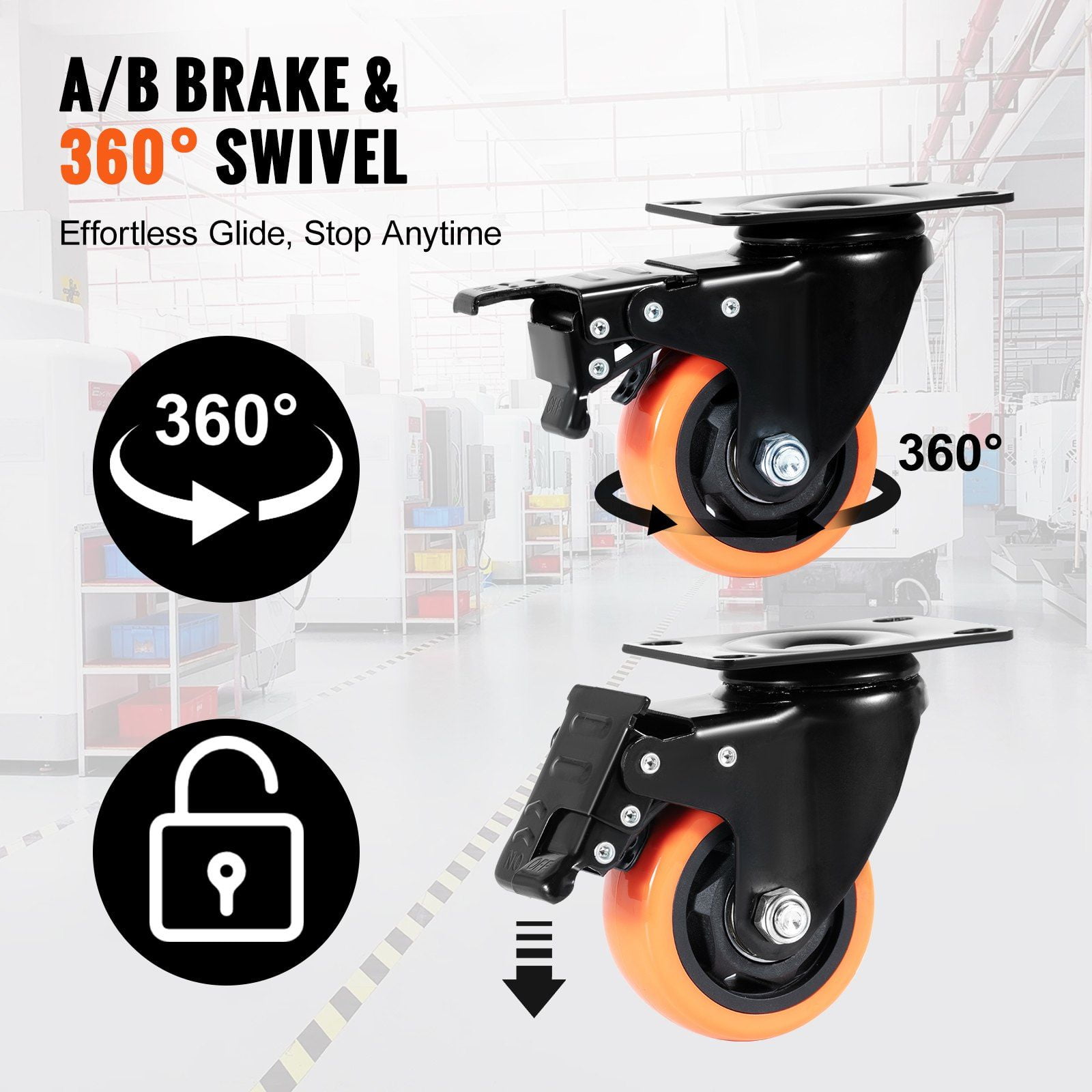3-Inch Swivel Plate Caster Wheels with A/B Locking System, Set of 4, Heavy Duty 250 lbs Capacity Per Caster, Non-Marking PVC Wheels for Cart Furniture Workbench, Quiet and Secure