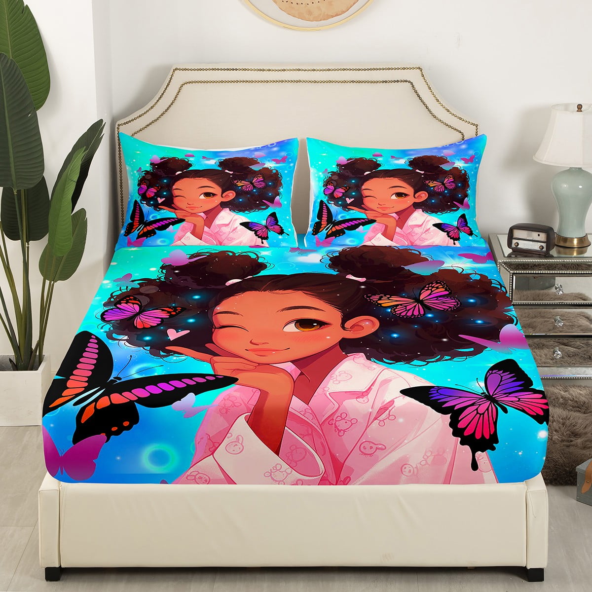 Cute Black Girls Bed Sheets Set Queen Size Pretty Girls Sheet Set American Black Girls Fitted Sheet for Girls Kids Kawaii Princess Bedroom Decor