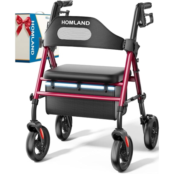 Foldable Rollator Walkers with Seat for Seniors, 8'' Big Wheels, 350 lb. Weight Capacity, Adjustable Handles and Seat Height, Lightweight Rolling Walker, Red