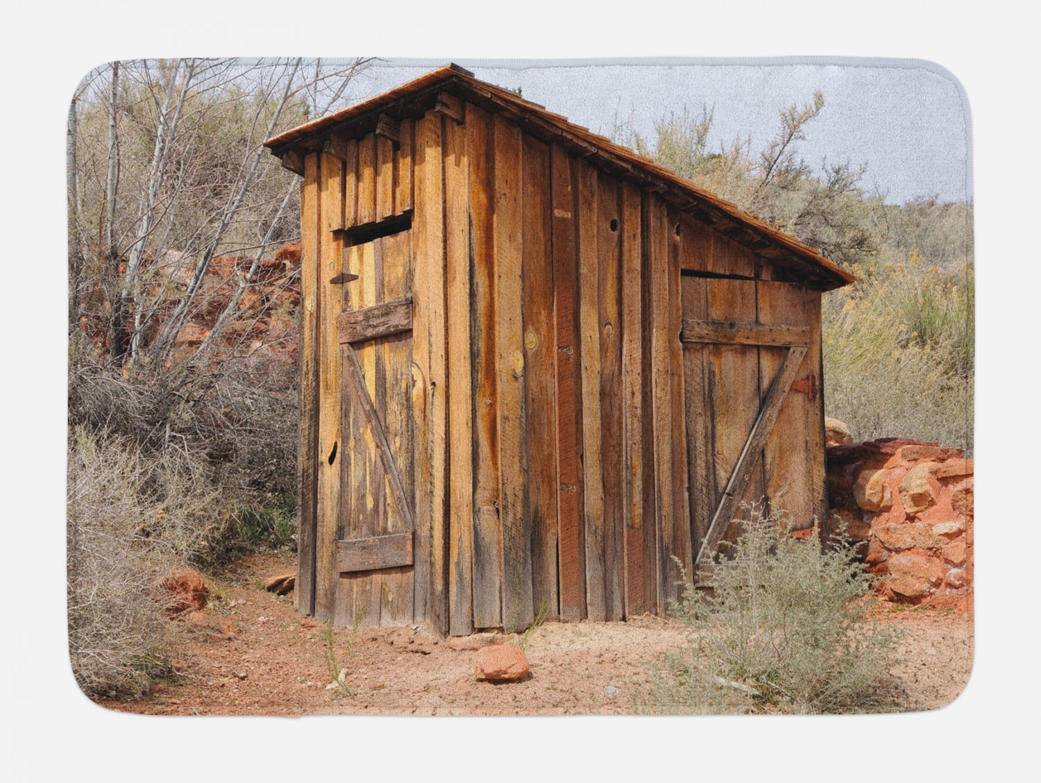 Outhouse Bath Mat, Old Wooden Shed in the Outback Country Side with Olive Trees, Non-Slip Plush Mat Bathroom Kitchen Laundry Room Decor, 29.5 X 17.5 Inches, Caramel Brown and Dark Green, Ambesonne