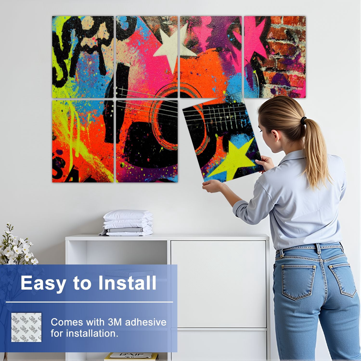 8 Pack Art Acoustic Panels Sound Absorbing Graffiti Guitar Vintage Music Themed Acoustic Guitar Musical Notes Decorative Soundproof Wall Panels Self Adhesive for Nursery Game Room Bedroom 48"x32"