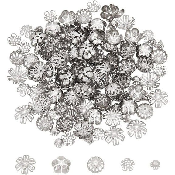 150Pcs 5 Styles Flower Bead Caps Stainless Steel Bead Caps Flower Filigree Bead Caps Metal Spacer Beads Caps Loose Spacer Beads Bulk Earrings for Bracelet Jewelry Making 1set