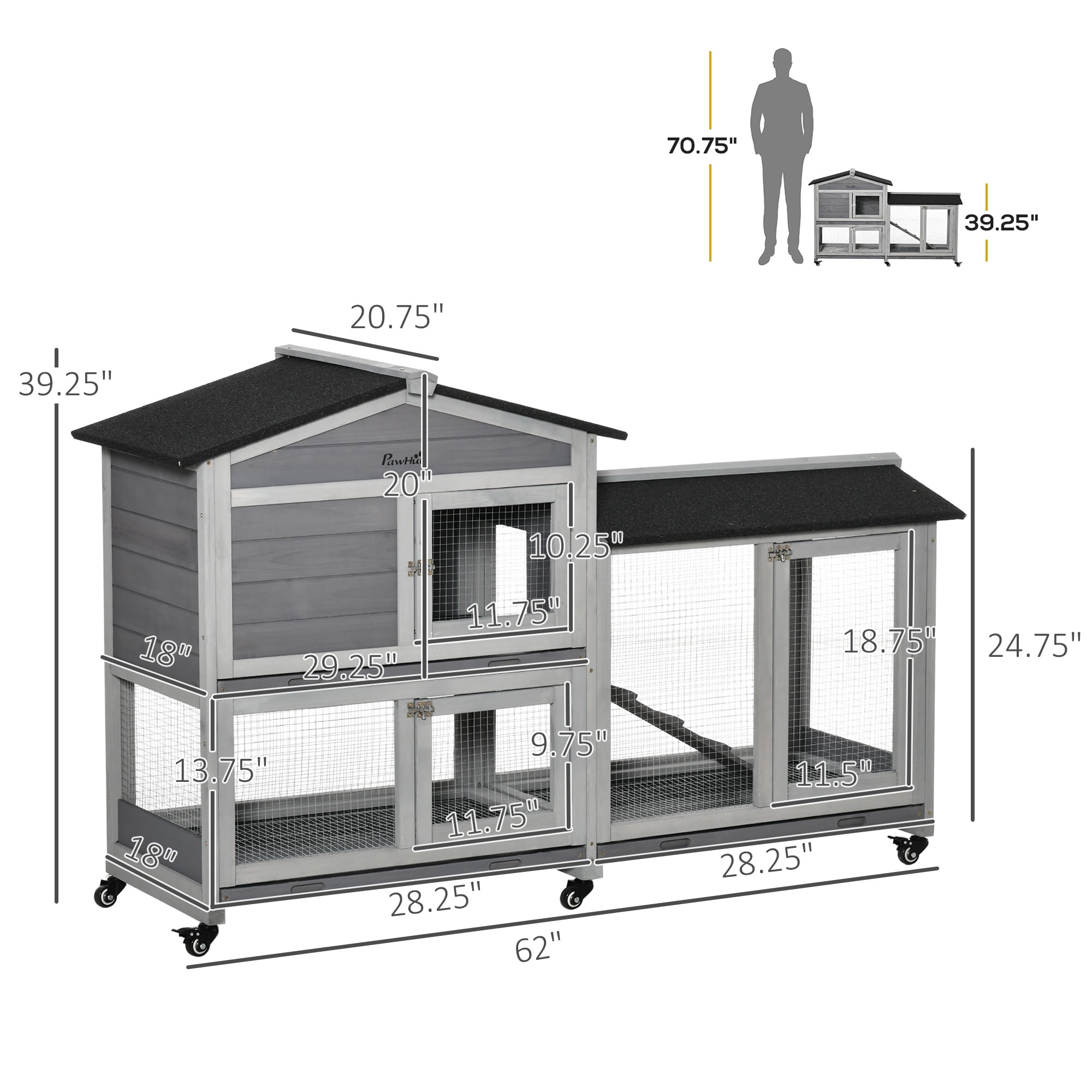PawHut 62" Wooden Rabbit Hutch with Wheels, Run Box, No Leak Tray, and Ramp