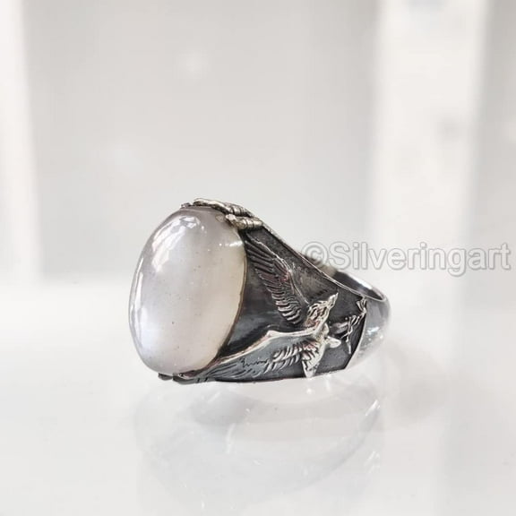 Grey Moonstone Ring, Eagle, Silver Jewelry, 925 Silver Ring, Anniversary Gift, Natural Grey Moonstone, June Birthstone Ring, Heavy Mens Ring, Spiritual Healing Gemstone, Christmas, Mens Signet Ring