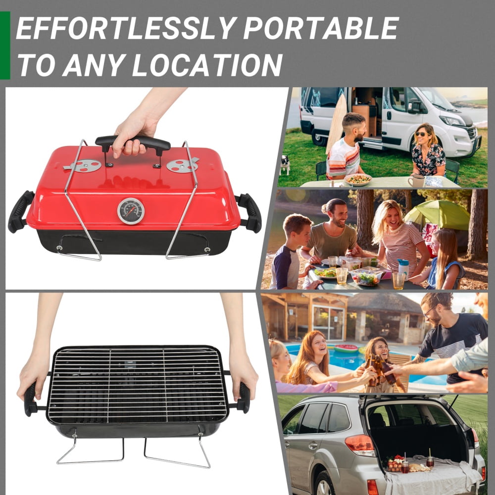 Portable Charcoal Grill Tabletop BBQ Smoker Small Camping Picnic Beach Backyard Enamel Body Chrome Plated Rack 21in Thermometer Air Vents Outdoor Barbecue Cooking Lightweight Easy Clean Use Best