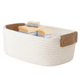 thumbnail image 3 of Small Cotton Woven Basket with PU Leather Handle, Baby Kids Clothes Toys Candy Gifts Cotton Rope Organizer, Living Room Basket Bathroom Shower Storage Basket, White,11"x8.6"x4.3", 3 of 6
