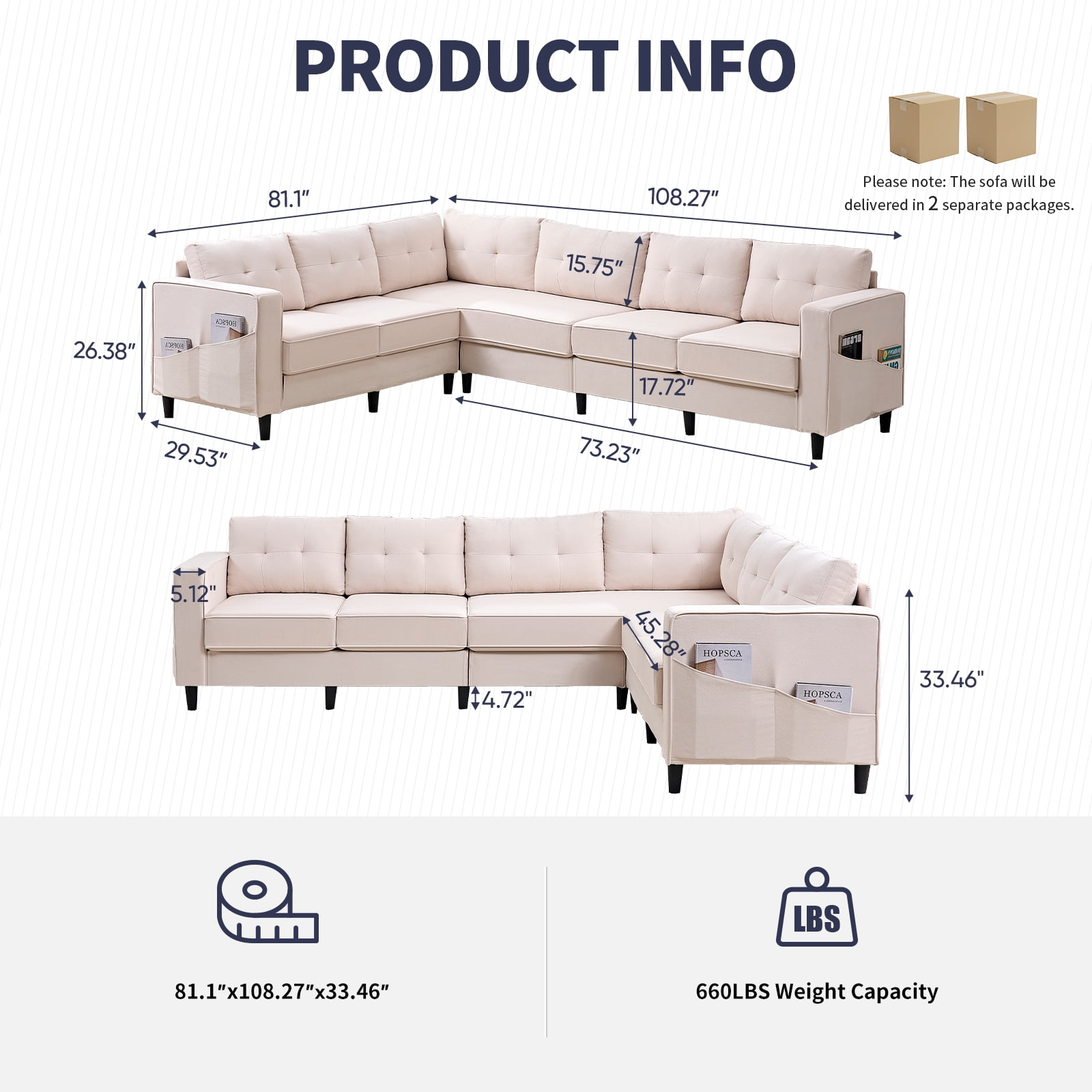 ZAFLY L Shaped Sectional Couch, Corner Couches and Sofas with Side Pockets, Sectionals for Living Room - Beige