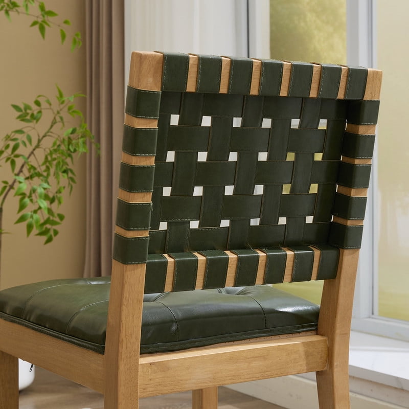2-Piece Woven Backrest Dining Chairs, Mid‑Century Modern Armless Kitchen Chairs, PU Leather Upholstered Seat Accent Side Chair