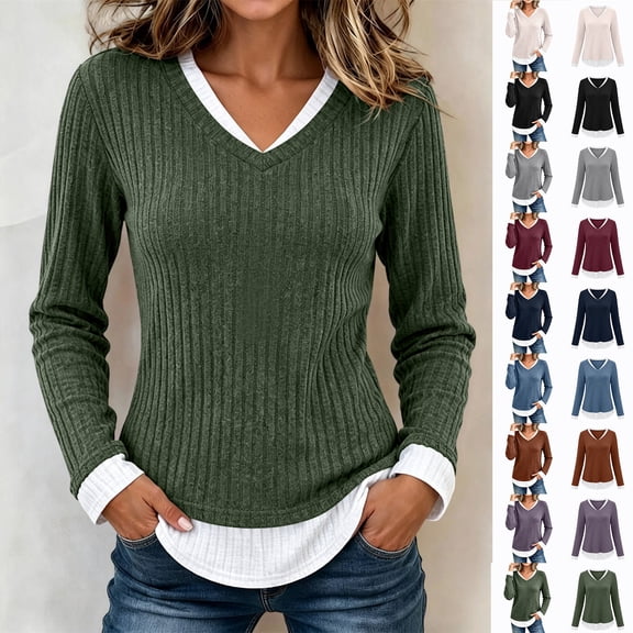 TKLPEHG Womens Tops Dressy Fake Two Piece V Neck Ribbed Long Sleeve Tops Solid Color Trim Slim Fit Knit Blouses Fall Winter Layering Pullover (Purple,S)