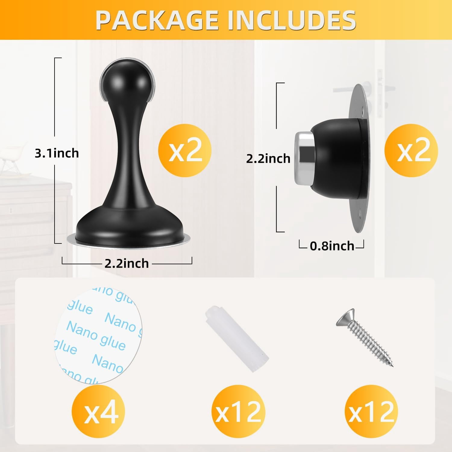 JJEAN-YDAJIURI 2Pack Magnetic Door Stop No Drilling Door Stop with 3D Adhesive Tapes Keep Door Open Door Stainless Steel Screws for Stronger Mount (Black)