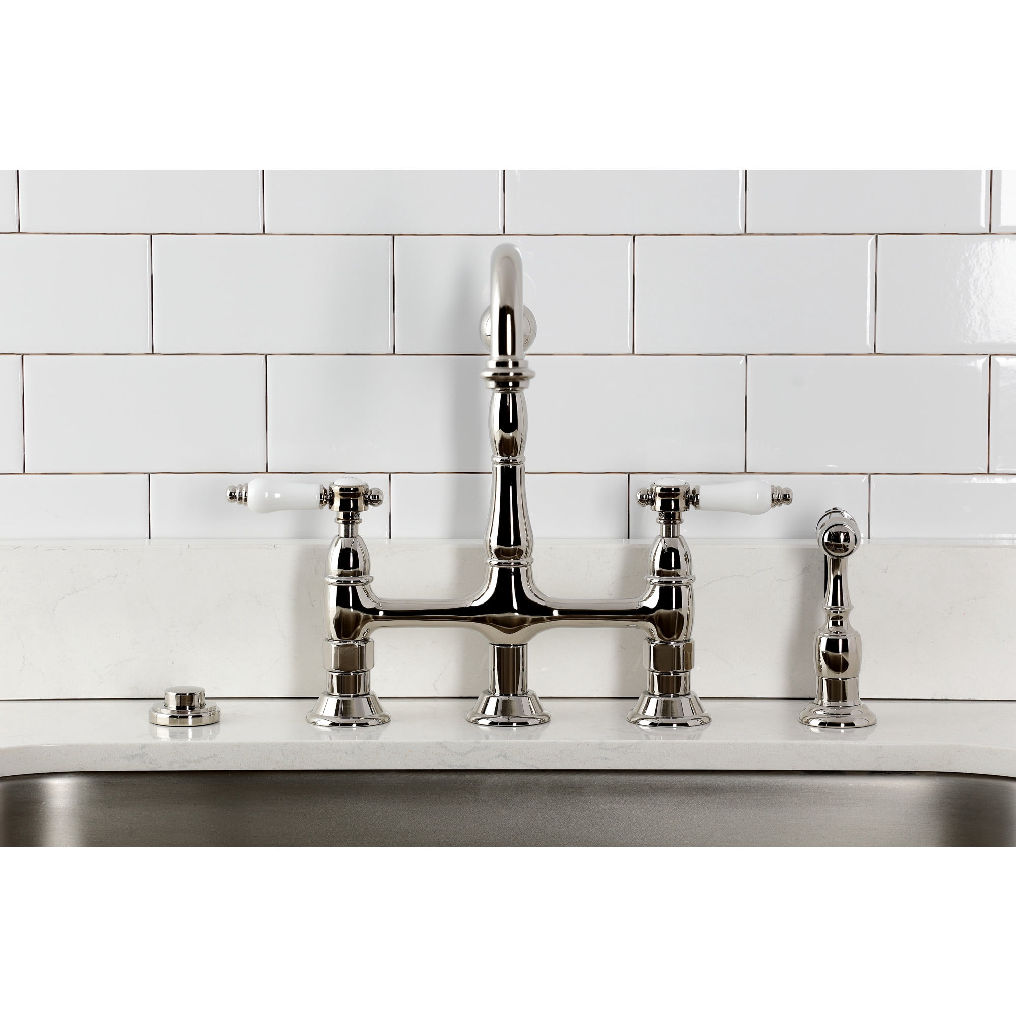 Kingston Brass KS1276BPLBS Bel-Air Bridge Kitchen Faucet with Brass Side Sprayer, Polished Nickel