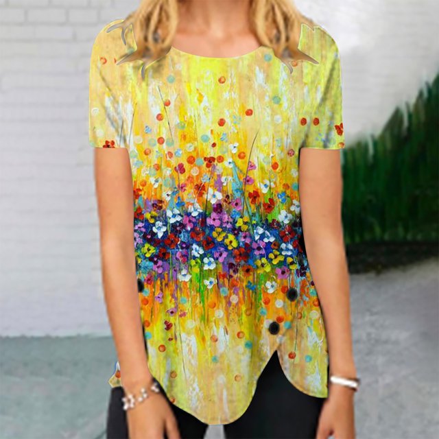 ICHUANYI Clearance Womens Tops Irregular Hem Summer Printing Tees Tops Spring Crewneck Short Sleeve Casual Blouses(Yellow, XXL) ICHUANYI WER2023080809720
