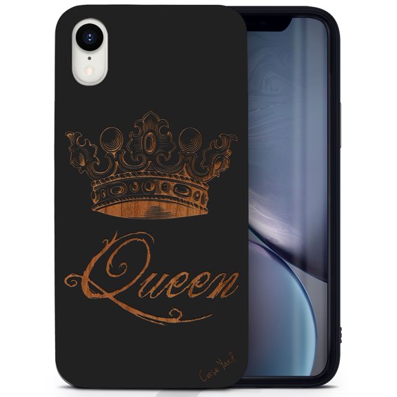 Wood phone case for iPhone XR compatible protective cell phone cover shockproof slim fit laser engraved Queen Crown design Black wood case for Men & Women by CaseYard