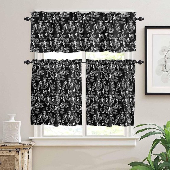 Kitchen Curtains Set, Black Botanical Kitchen Curtains and Valances Set, Pastoral Spring Floral Classic Black Rod Pocket Tier Curtains 36 Inch Length for Cafe/Bedroom Windows