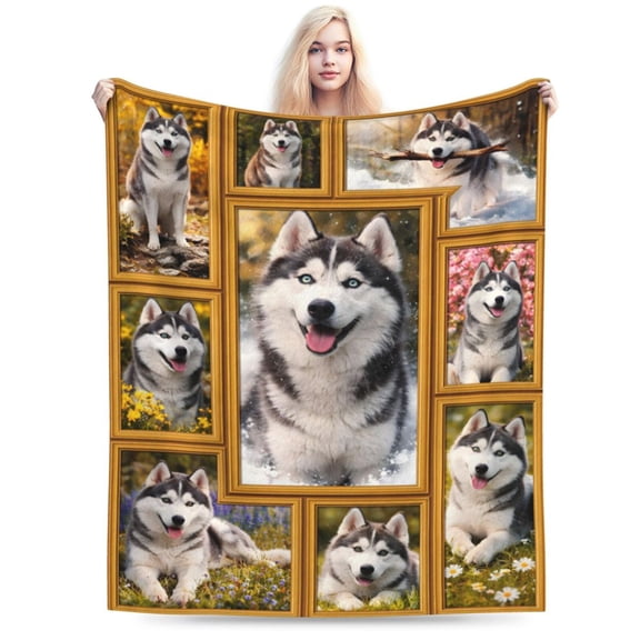 Cozy Husky Collage Fleece Throw Blanket, Winter Snow & Autumn Outdoor Dog Portrait, Soft Warm Blanket Gift 50x40