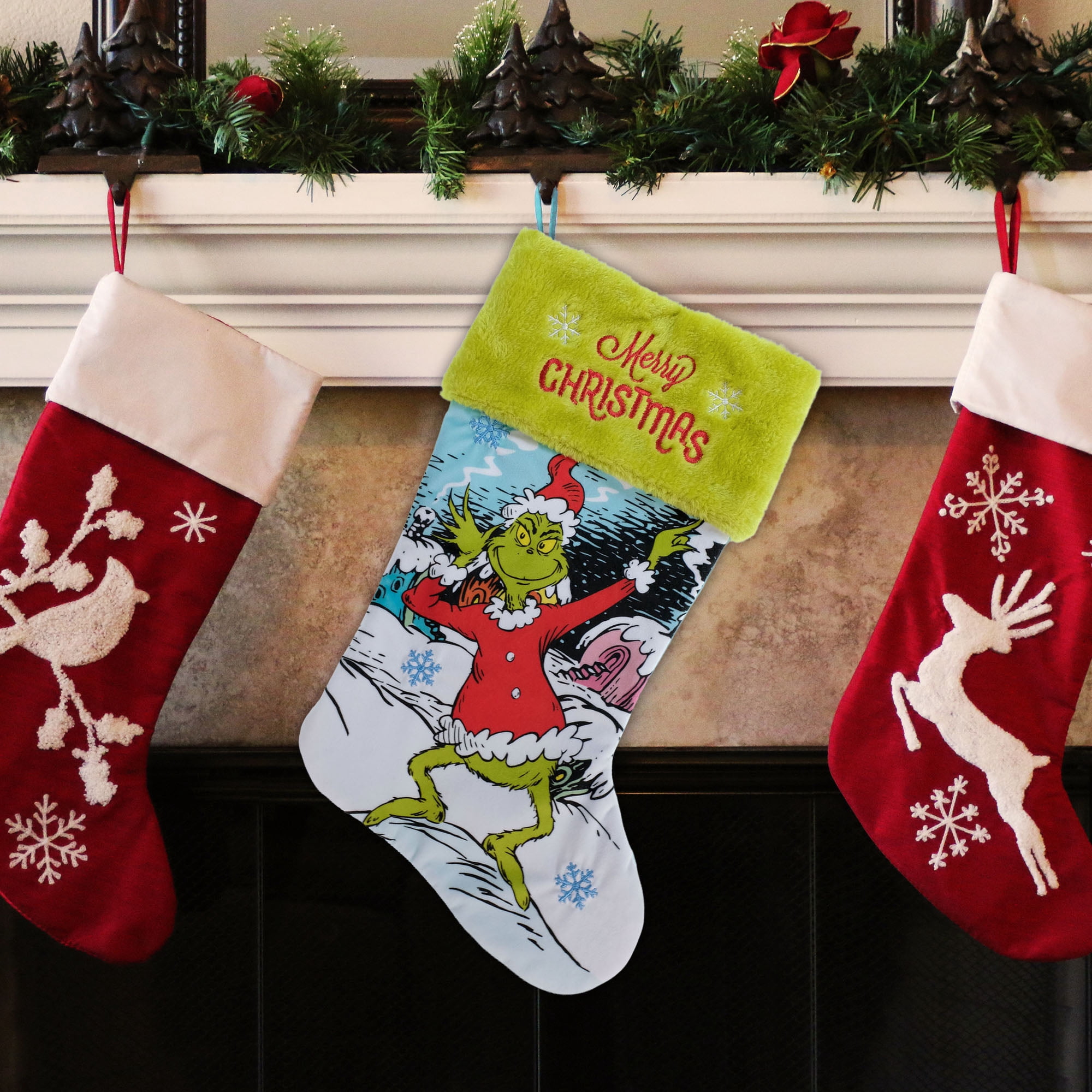 The Grinch 20-Inch Velvet Christmas Stocking with Green Embroidered Cuff