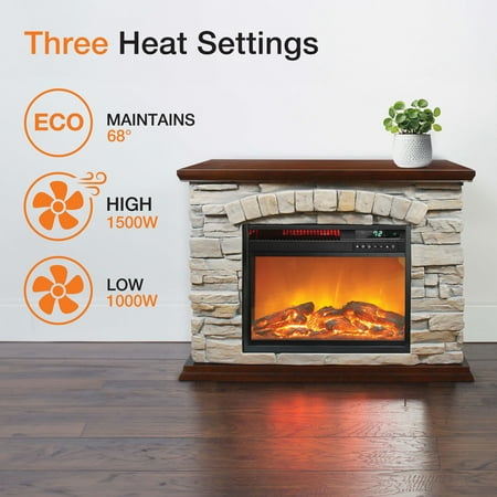 Lifesmart - Large Square Infrared Faux Stone Fireplace - Black