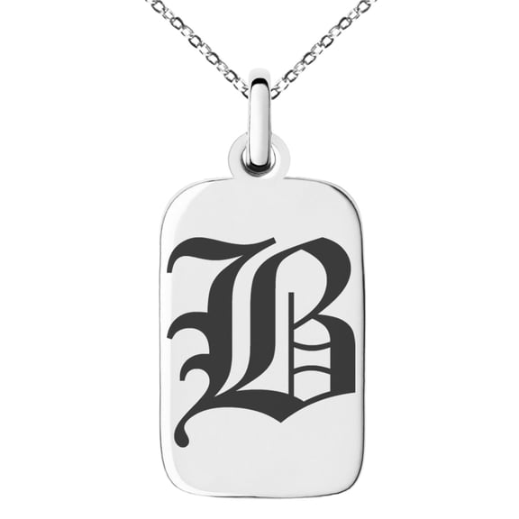 Stainless Steel Letter B Initial Old English Monogram Engraved Small Rectangle Dog Tag Charm Pendant Necklace