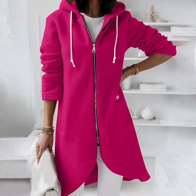 Veste Sweat à Capuche à Manches Longues pour Femmes avec Poches Zippées et Ourlet Irrégulier