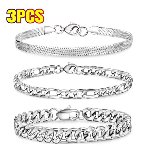 3 Pc Stainless Steel Chain Bracelet for Men Women,  Silver Cuban Herringbone Figaro Link Chain Wrist Bracelets Set Gifts