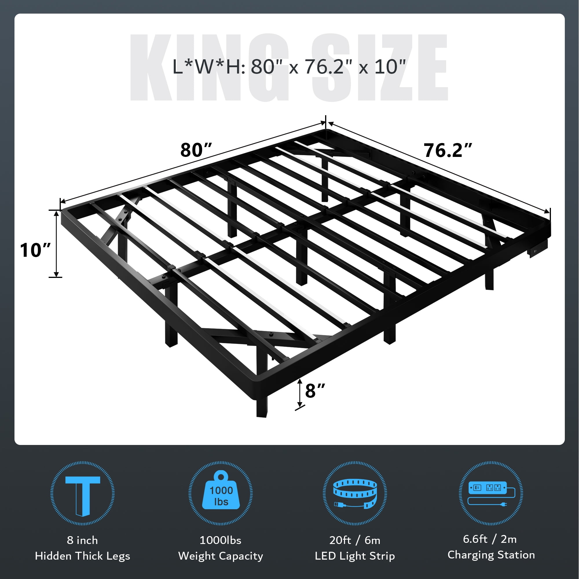 Virans King Size Floating Bed Frame with RGB LED Lights and Charging Station, Heavy Duty Metal Platform Beds, No Box Spring Needed, Black