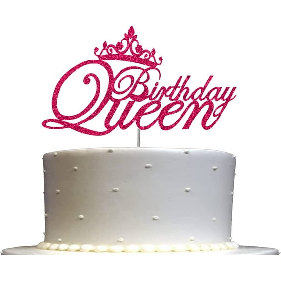 Birthday Queen Glitter Cake Topper, Birthday Party Decorations Ideas, Sturdy Doubled Sided Glitter, Acrylic Stick (Fuchsia/Hot Pink)