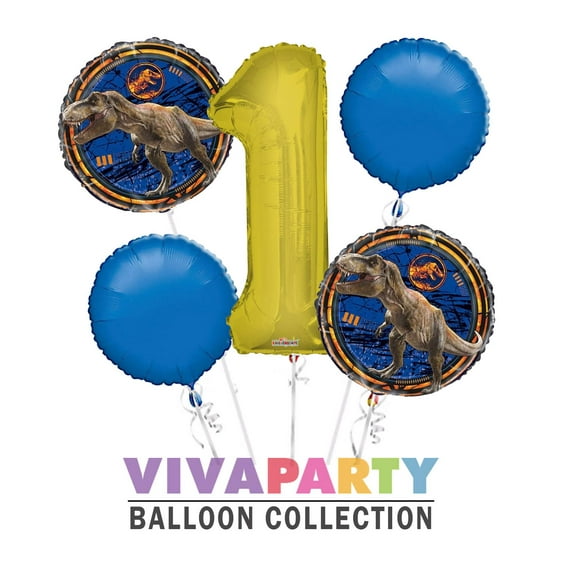 Jurassic World Round Balloon Bouquet 5 pc, 1st Birthday, Gold Number 1 Jumbo Balloon | Viva Party Balloon Collection