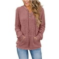 thumbnail image 3 of BiZtdJrK Womens Sweaters Solid Color Ribbed Knit Long Sleeve Hoodie Casual Button Drawstring Hooded Sweatshirts Pullover with Pockets, Pink, S, 3 of 8