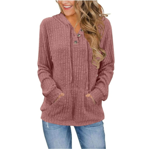 Hoodies for Women Knit Long Sleeve Drawstring Button V Neck Casual Pullover Sweatshirt Hooded Tops with Pockets