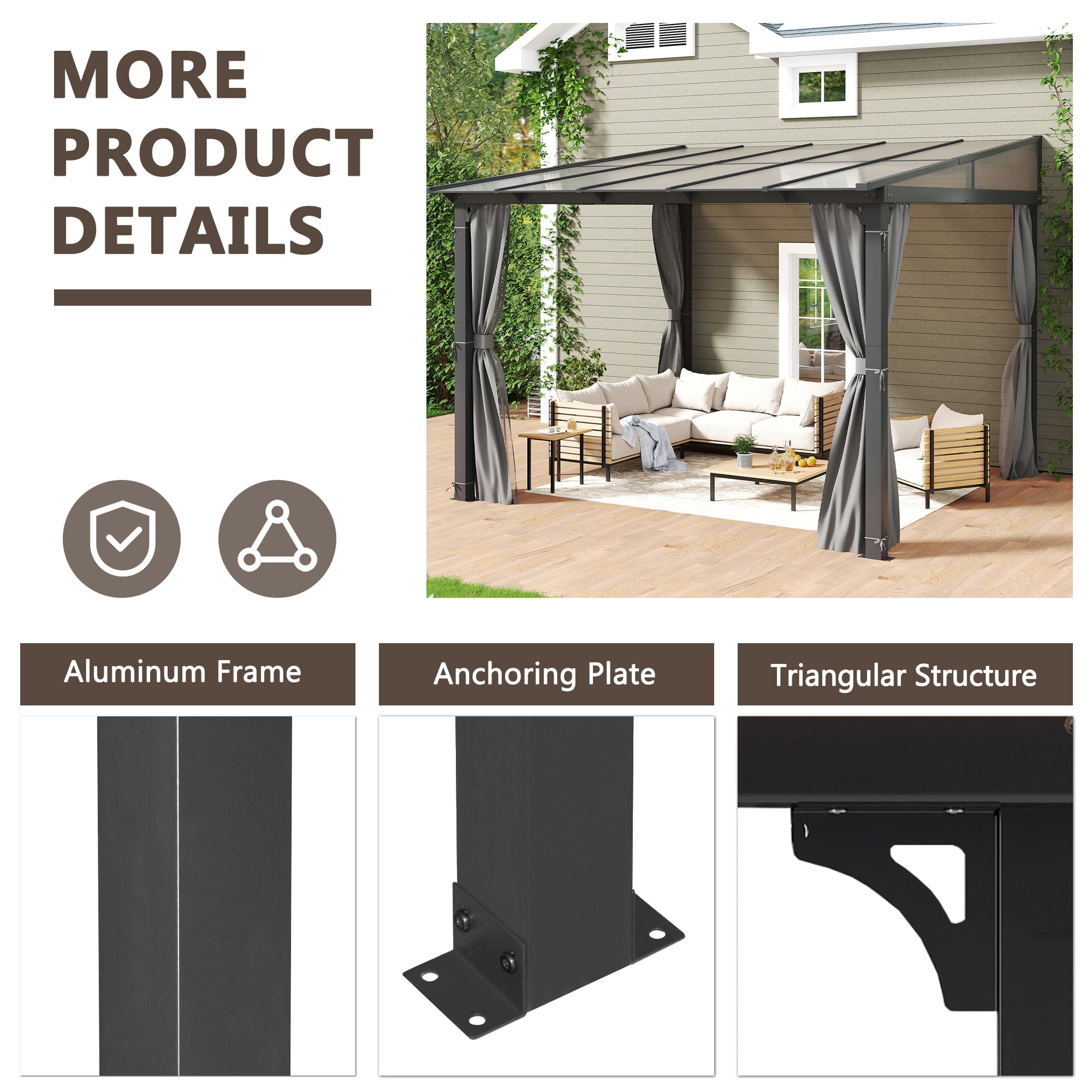 Howsvn 10x10 FT Wall-Mounted Aluminum Outdoor Patio Gazebo, Pop-Up Canopy Tent Instant Shelter with UV Protection & Waterproof Cover for Outdoor Events
