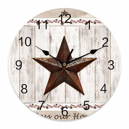 Wall Clock Vintage Barn Stars Wood Grain Clocks PVC Silent Non-Ticking Battery Operated Decorative Farmhouse Berry Round Clock for Home Living Room Kitchen Bedroom Office School Wall Decor 10 Inch