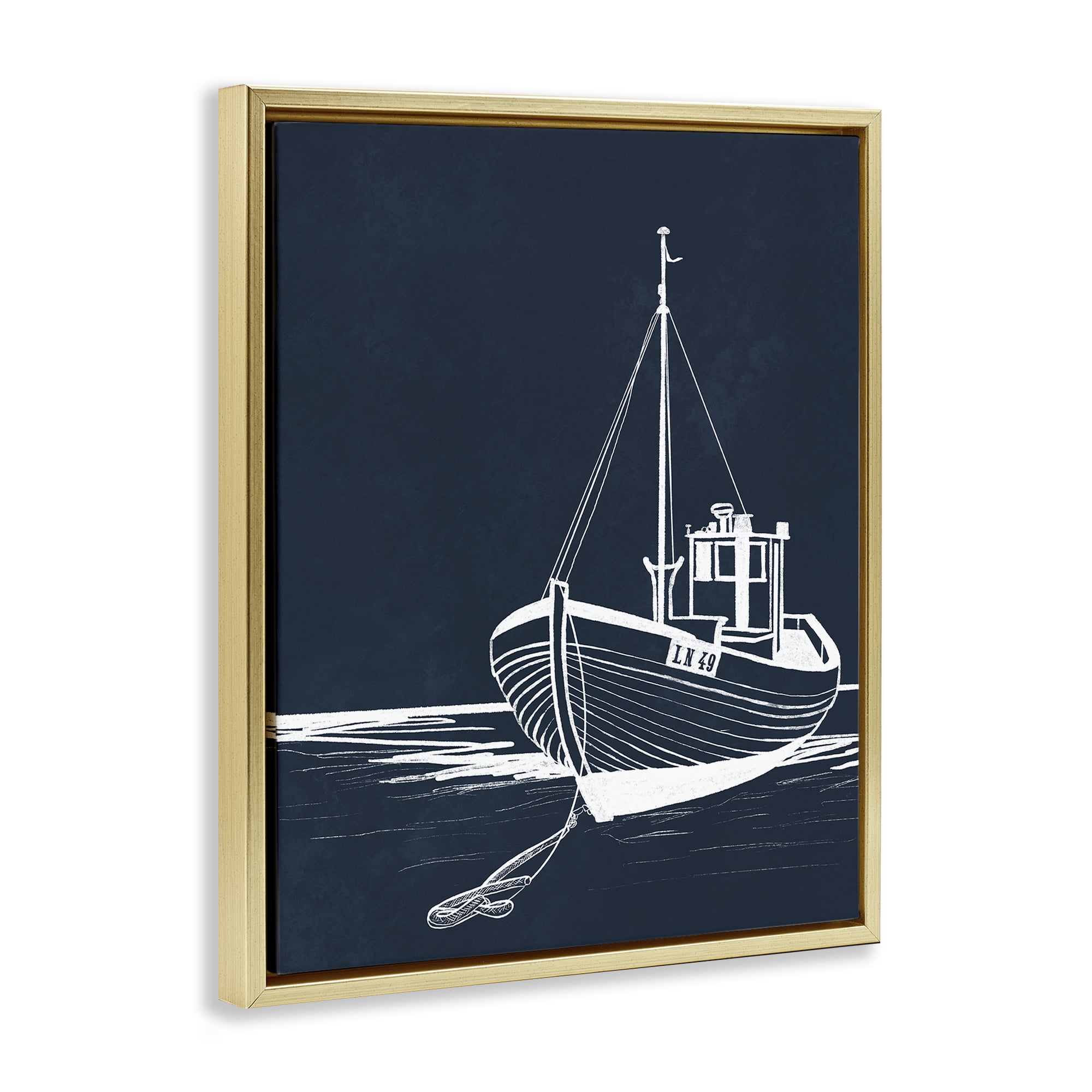 Stupell Industries White Outline Sailboat Transportation Painting Gold Floater Framed Canvas Art Print Wall Art, 25 x 31